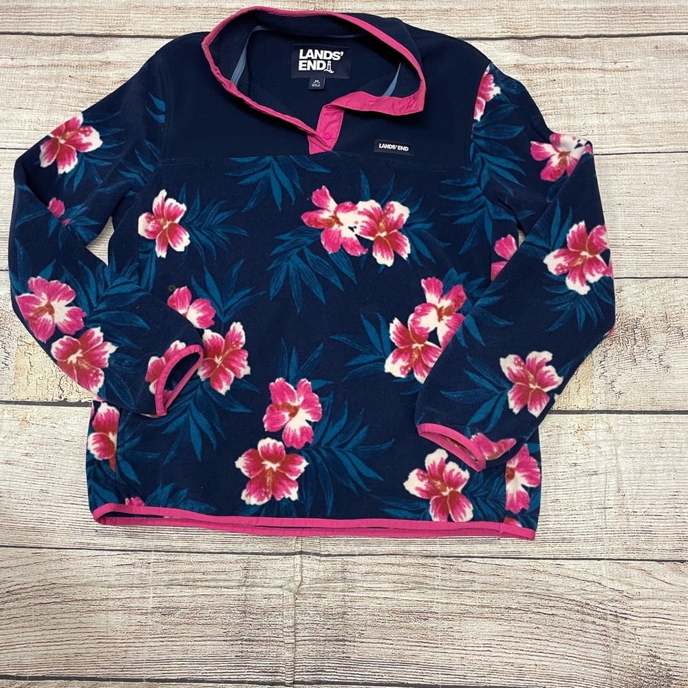 😍 Land’s End Navy fuchsia pink floral print fleece pull over Size medium
